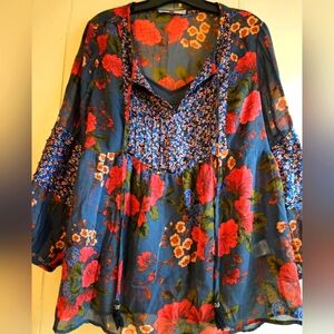 Daniel Rainn Sheer Floral Blouse with Blue Cami - Size M